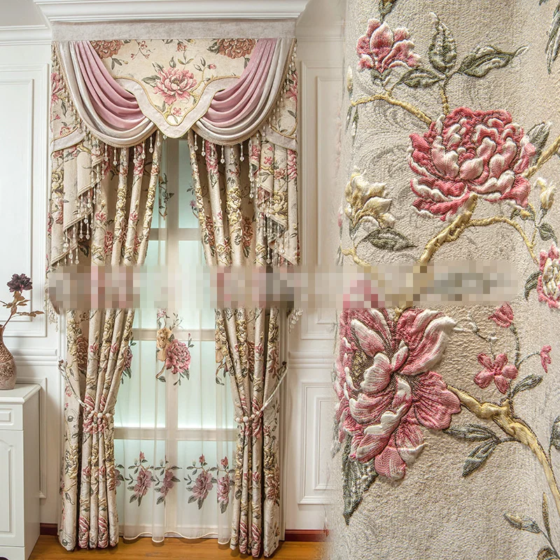 

Custom curtains luxury French embossed palace bedroom beige Jacquard cloth blackout curtain tulle valance drape C949