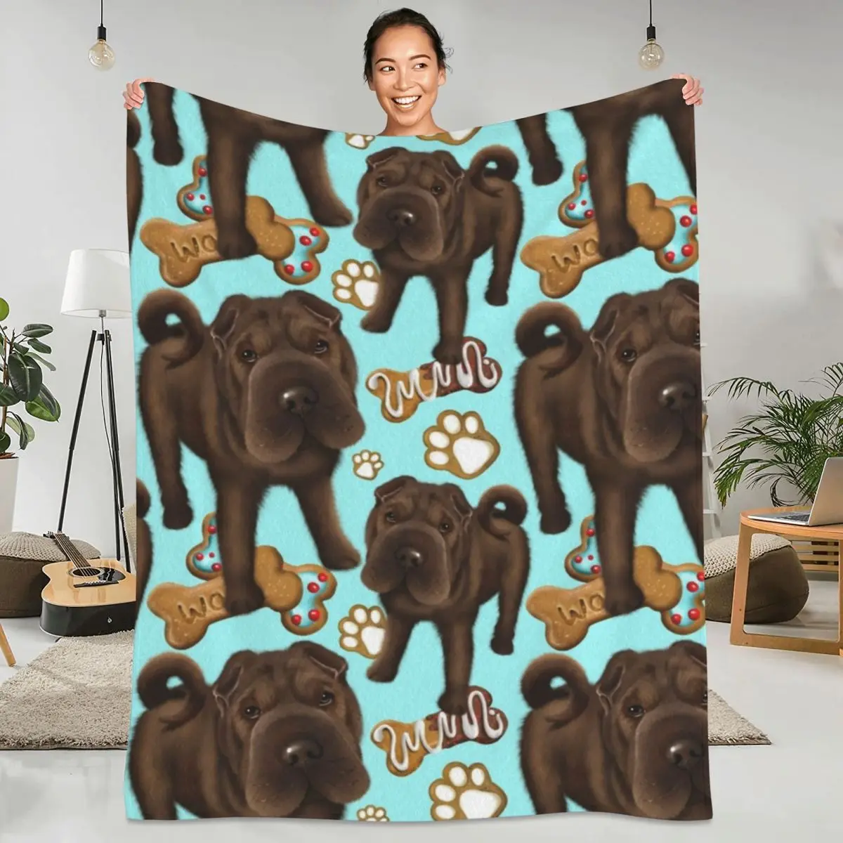 Shar Pei Blue Biscuits Flannel Blankets Quality Soft Durable Funny Dog Throw Blanket Winter Camping Bed Aesthetic Bedspread