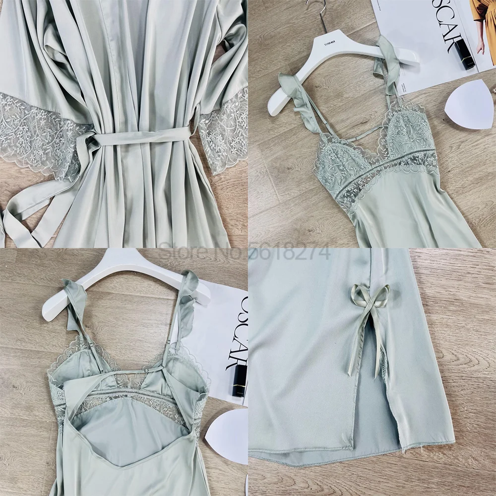 Twinset Robe Suit Female Spaghetti Strap Nightgown With Bathrobe Set Sexy V-Neck Sleepwear Lace Patchwork Loungewear Nightdress