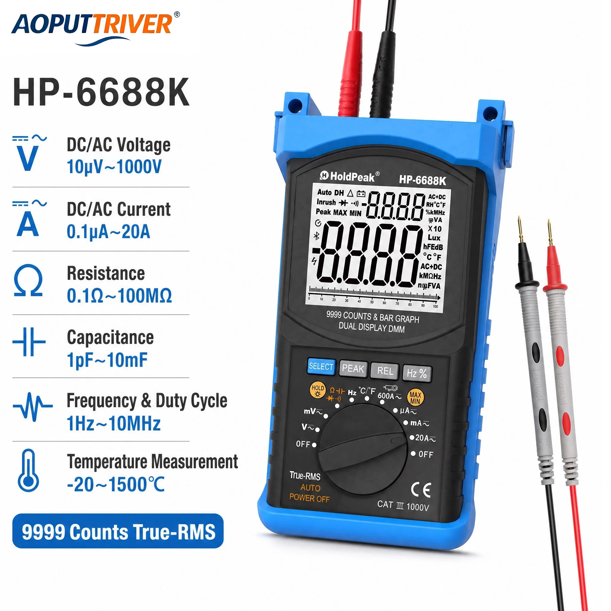 True RMS Digital Multimeter 9999 Counts Auto Range Handheld AC DC Voltage Current Resistance Capacitance Temperature Tester