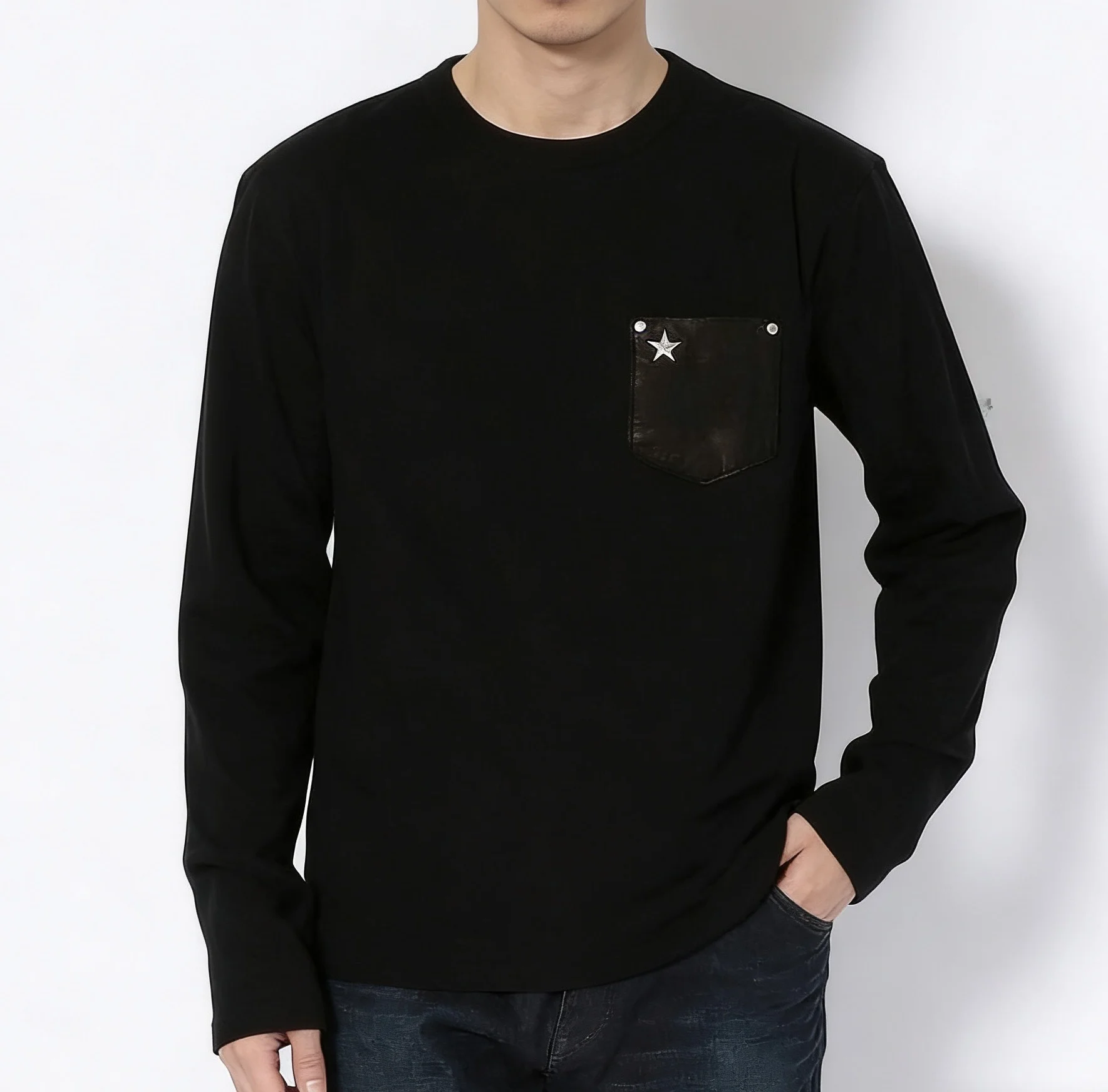 

Футболка с длинным рукавом и круглым вырезом, однотонная, из фланели, с вышивкой из оленьей кожи, с пятью звездами, базовый слой, на все сезоны, 280 г