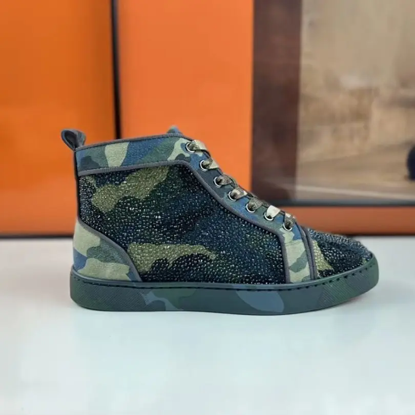 Luxury High Top Camo Rhinestone Leather Spiked Studded Trainers Lace Up Flats Red Bottom Shoes For Men Wedding Casual Shoes