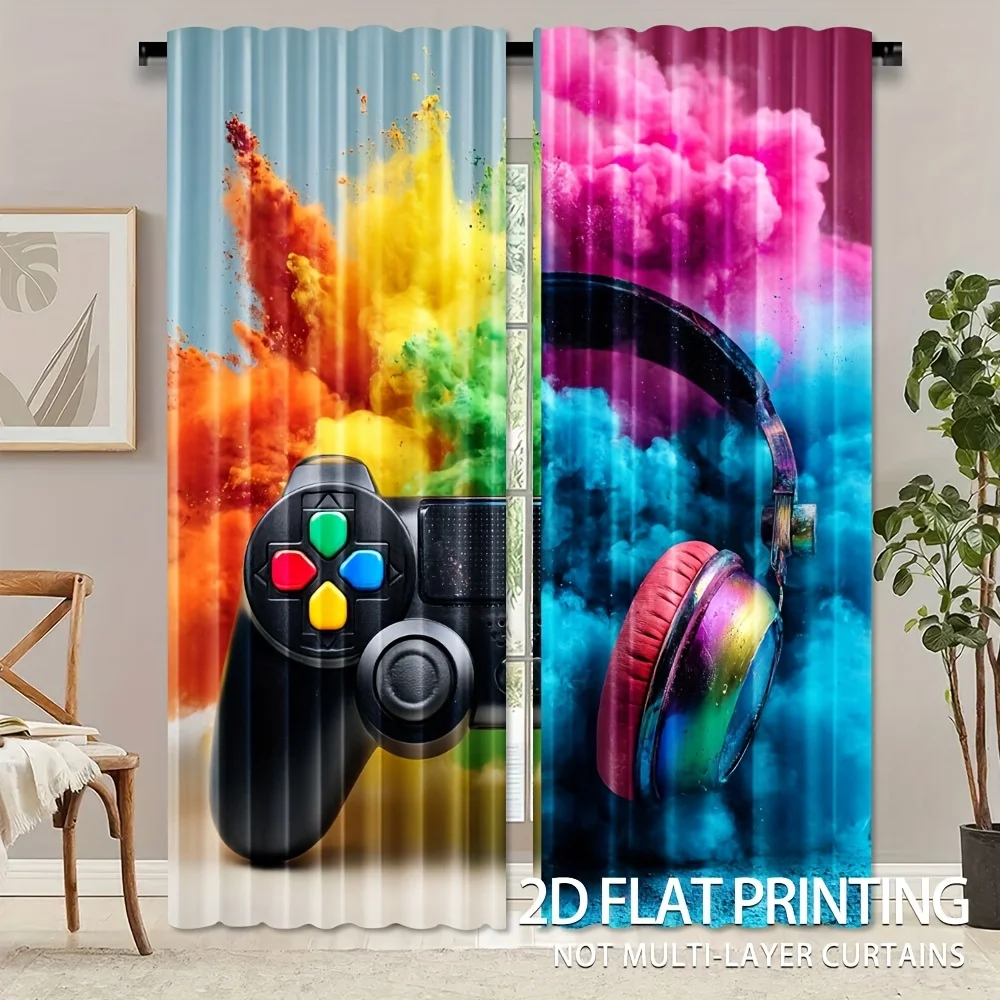 Colorful gaming headset controller Print Drapes Room Darkening Window Curtains Home Decor,Rod Pocket Blackout Curtains Bedroom