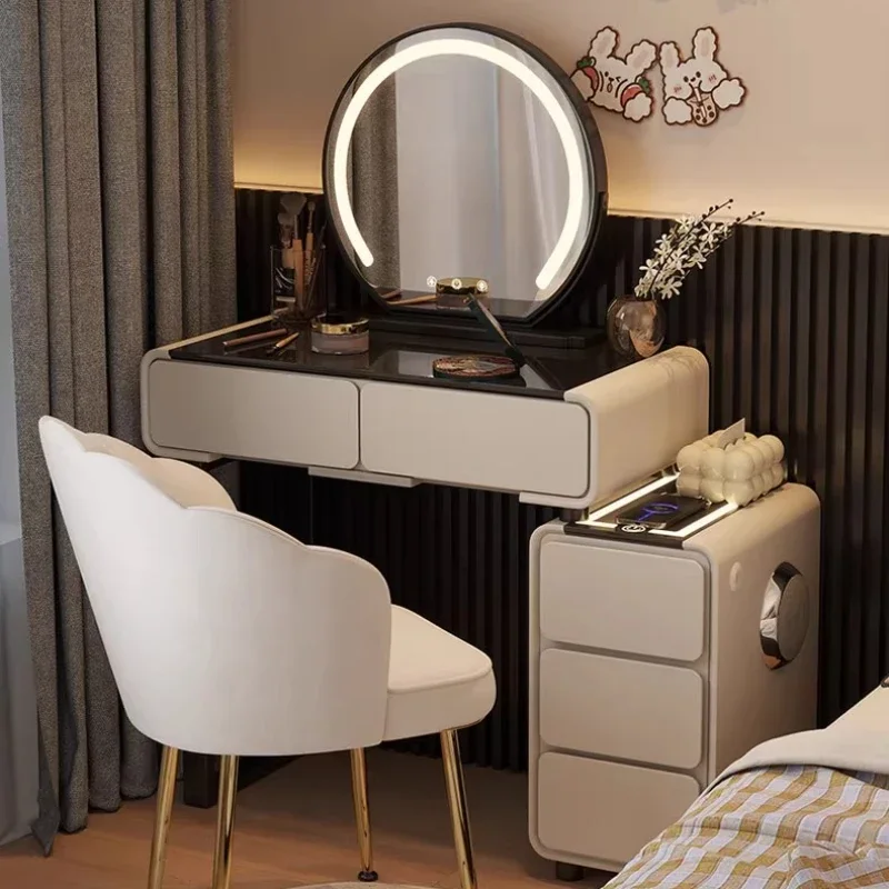 Modern Makeup Vanity Dressing Table Toiletries LED Desk Dressers Bedroom Simple Cream Style Smart Makeup Table Storage Cabinet