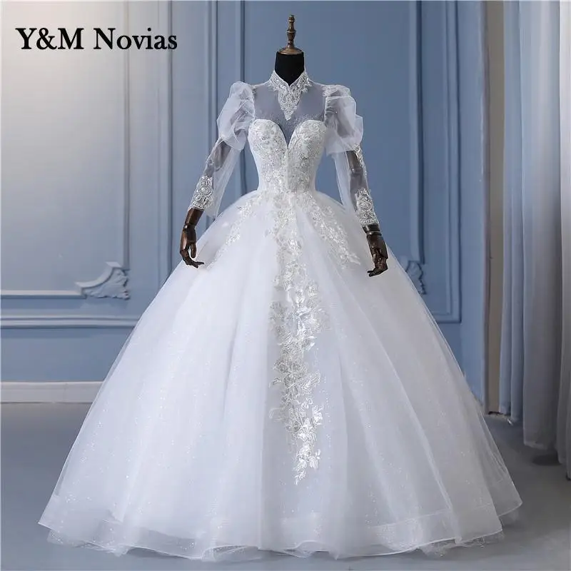 Y & m novias billig High Neck Perlen Brautkleid Dubai Stil Vintage Spitze Hochzeits kleid für Party Frauen Bridel Kleider lange Ärmel