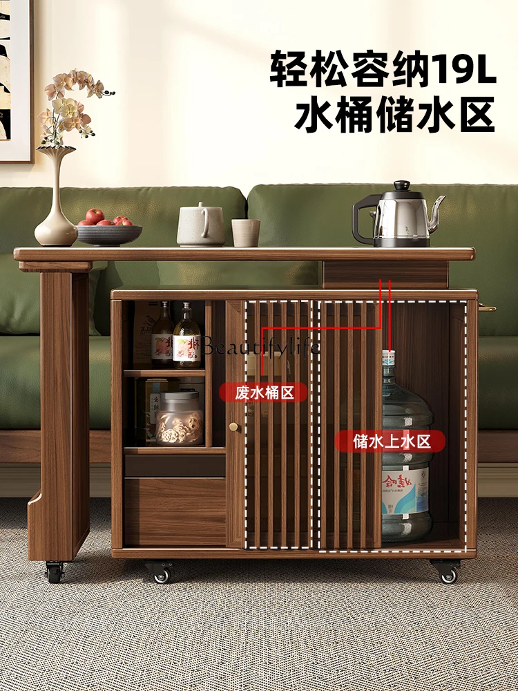 

New Chinese style solid wood rotating tea table chair living room balcony casual black walnut tea table