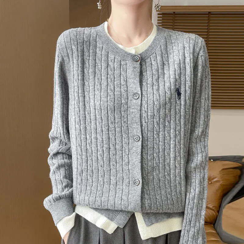 

Серый вязаный свитер с круглым вырезом и вышивкой, куртка-кардиган для женщин, осенне-зимний новый модный пригородный топ