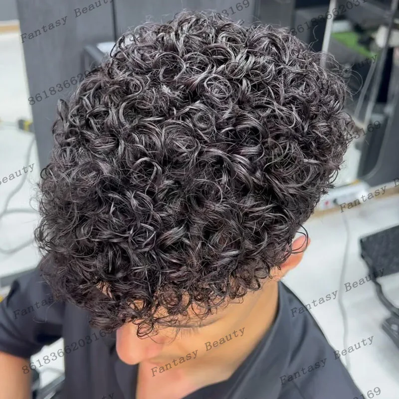 الأفرو الأسود رجل سوبر دائم أحادية شبكة قاعدة الشعر المستعار 100% البرازيلي جت الأسود 18 مللي متر نظام الشعر البشري المجعد الاصطناعية الشعرية #2