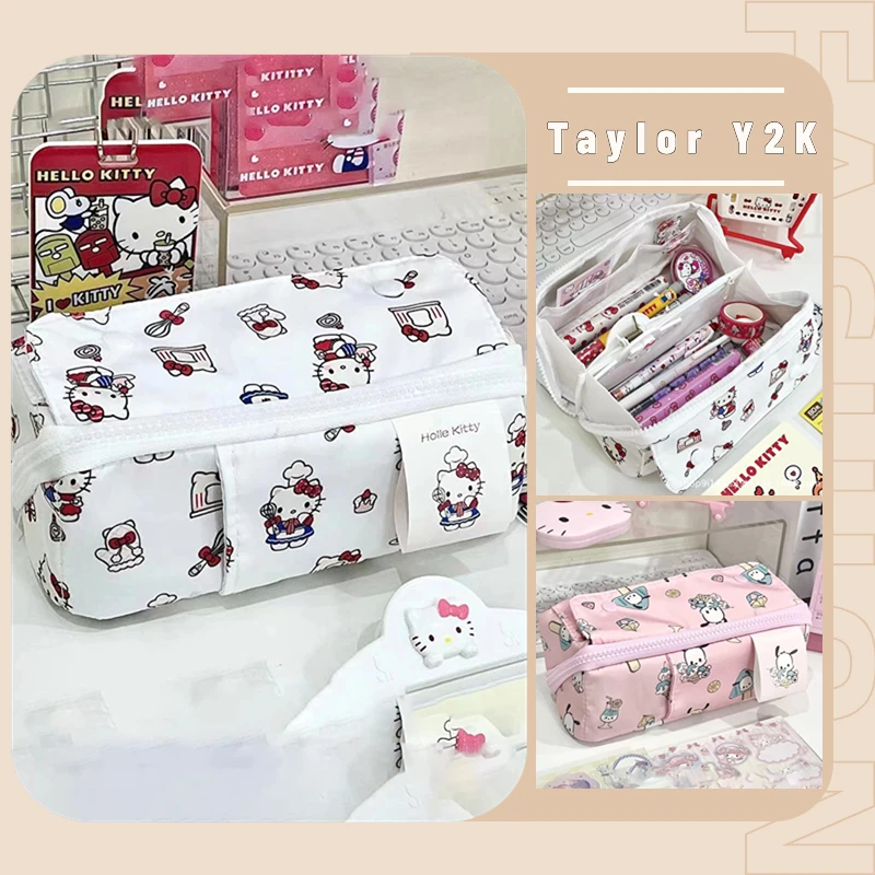 

Sanrio Hello Kitty Pen Bag Cartoon Cinnamoroll Pachacco Prism Pencil Case Fashion Kawaii Multi Functional Canvas Stationery Bag