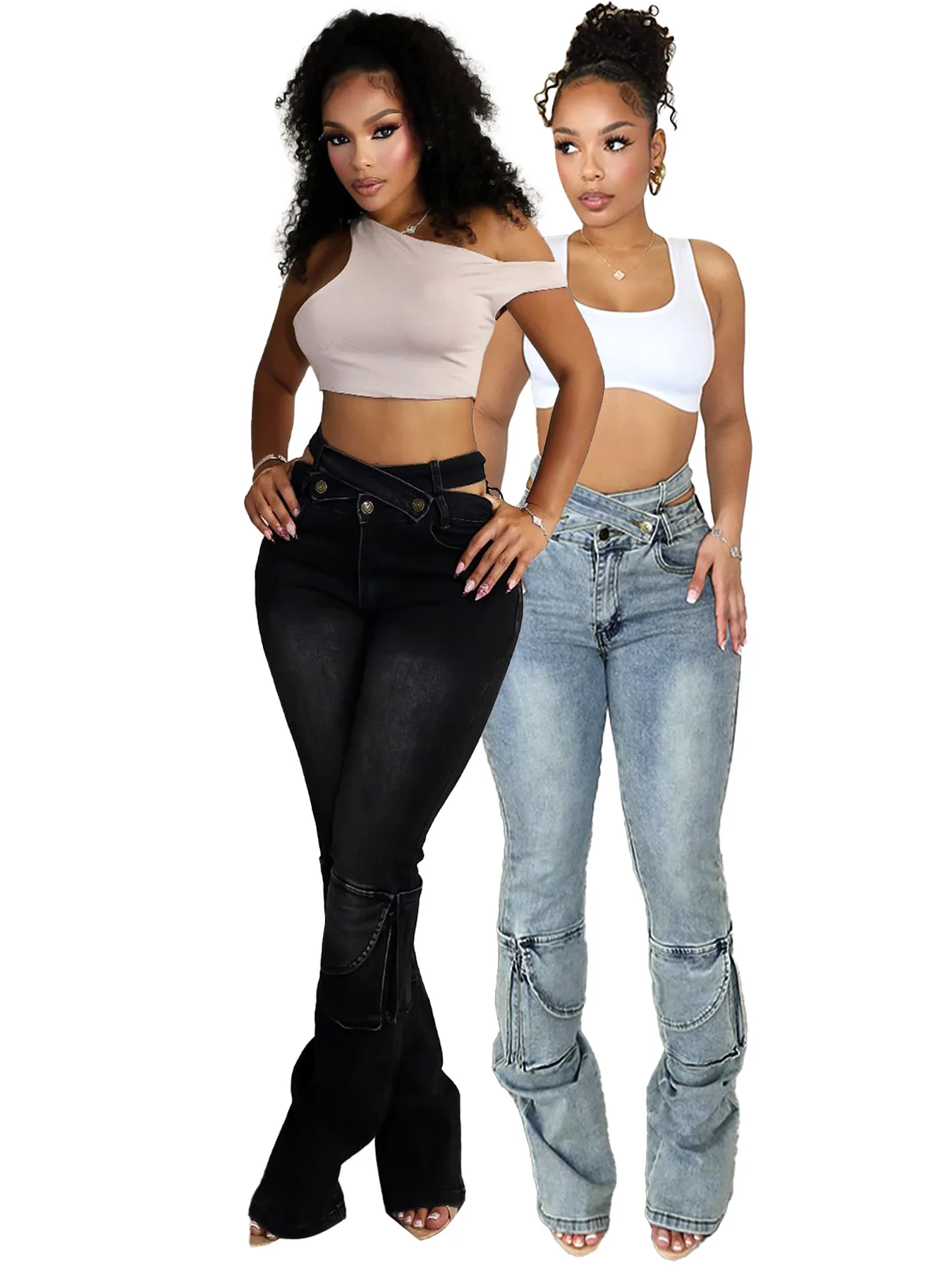 

M-6200 Women Streetwear Fashion Pocket Zipper Fly Denim Pants 2025 Washed Pencil Cross Waist Safari Style Cargo Wide Leg Jeans