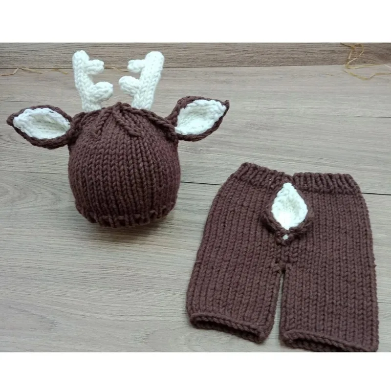 Handmade Knit Hat Pants Newborn Deer Shaped Photography Props Set Christmas Fawn Two Piece Suit Coffee Color for Kid Photo Props