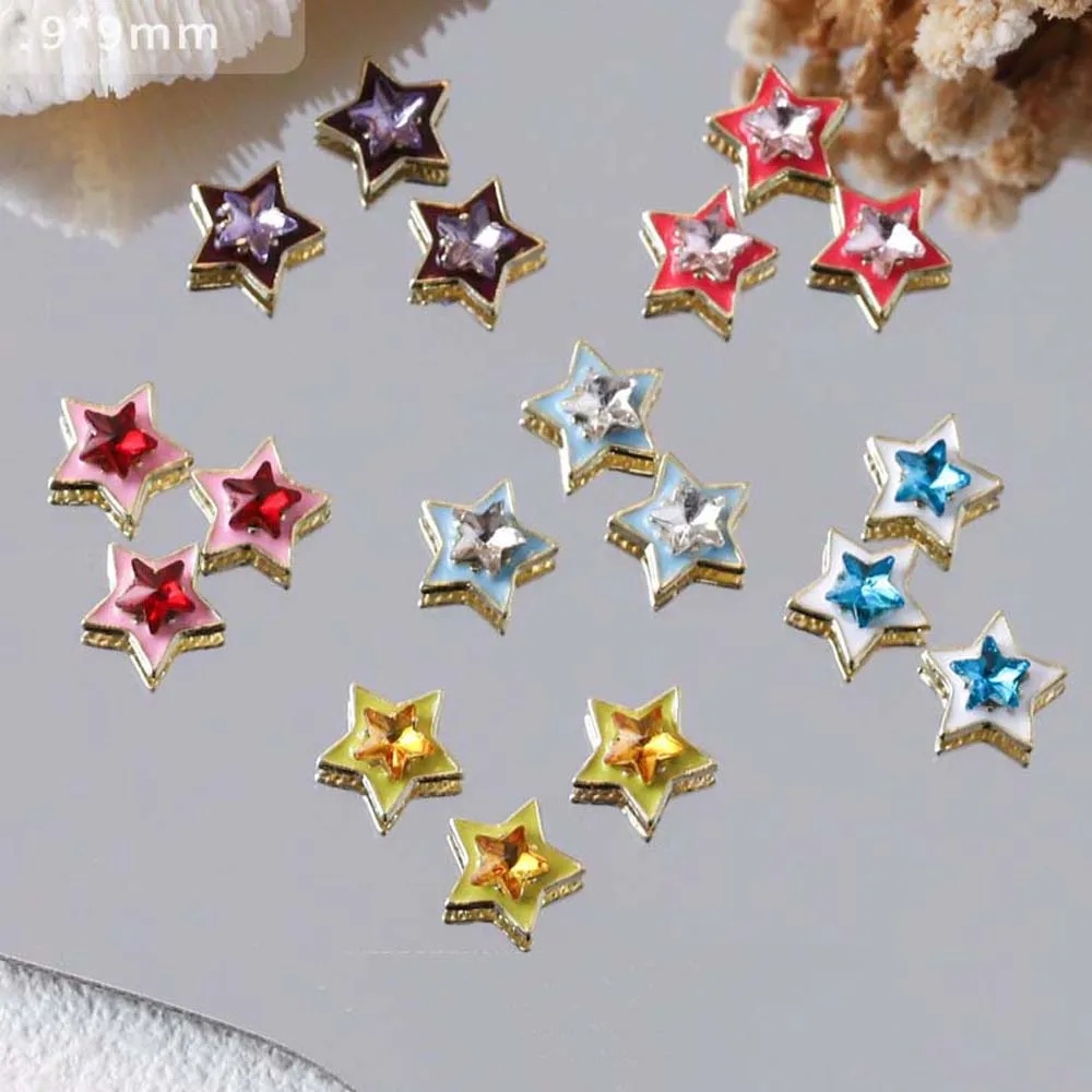 Breloques colorées en forme d'étoile pour ongles, 10 pièces, en alliage, 3D, base en métal, cristal, bijoux, design japonais, décoration
