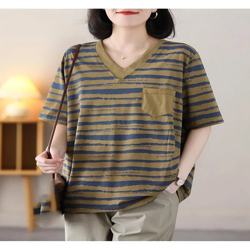 Weibliche Sommer V-ausschnitt Streifen Kurzarm T-shirt Tops Koreanische Mama der Kostüm Freizeit Vielseitig Lose V-ausschnitt Kurzarm T-shirt