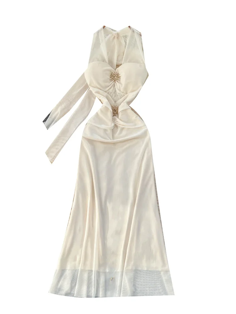 레이스 스플라이스 헤비 자수 메탈 블루 스트랩 여성용 하이웨이스트 A라인 드레스 슬림핏 출퇴근룩