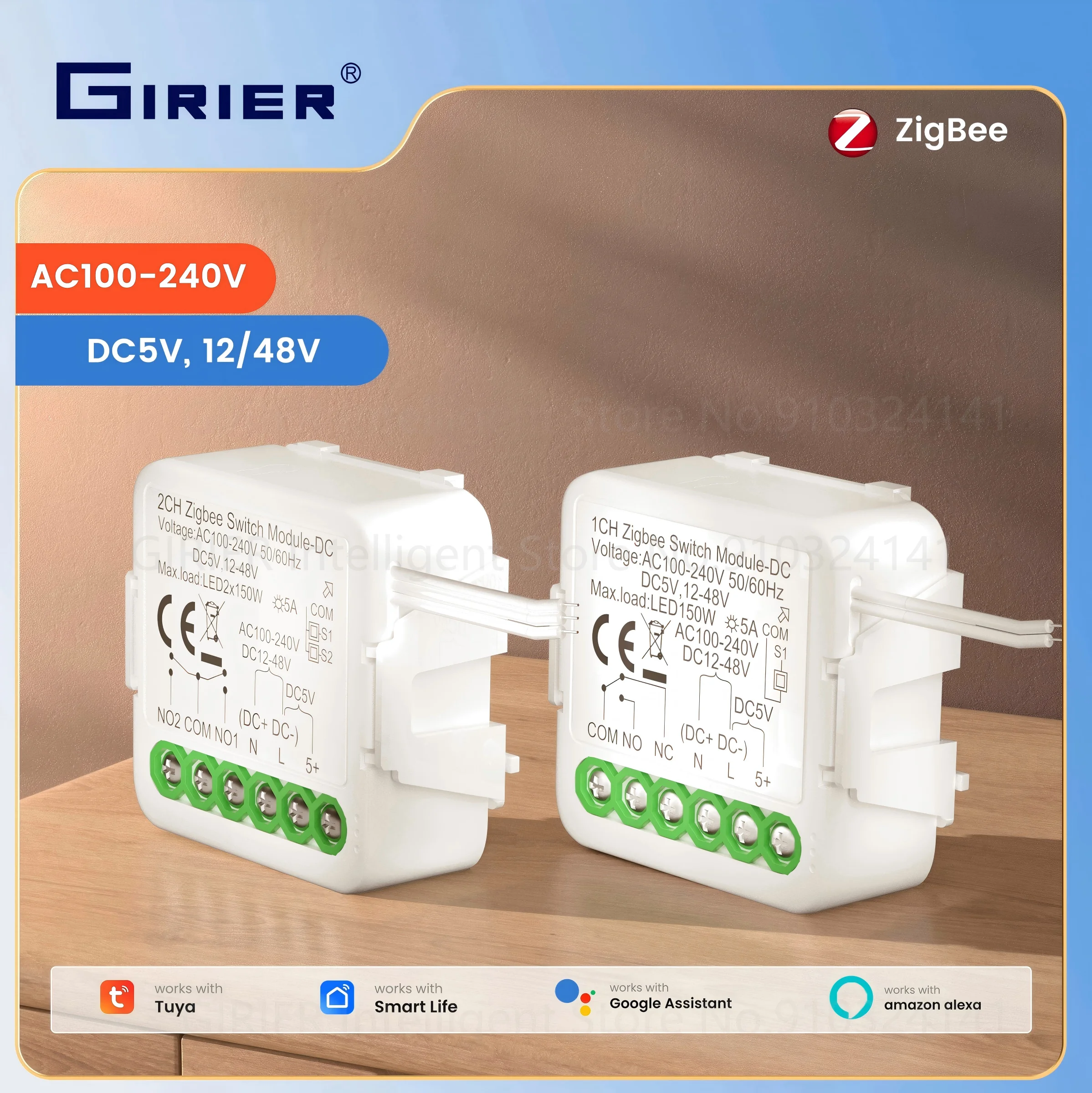 GIRIER Tuya ZigBee 3.0 Dry Contact Smart Switch Module 1/2CH Supports DC5V/12-48V AC100-240V Compatible with Alexa Google Home