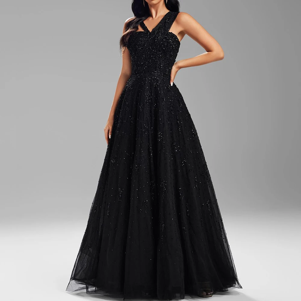 

Customized Exquisite V-Neck Spaghetti Straps Sequined Evening Dress Graceful Organza Sleeveless Pleats Black Vestido De Festa