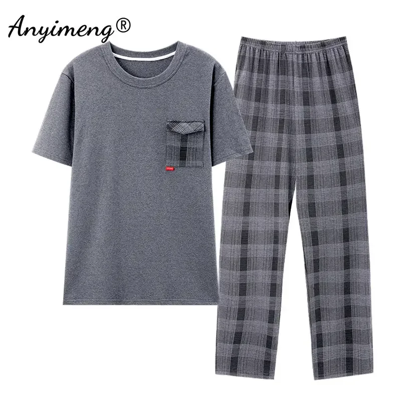 New Summer Knitted Cotton Pajamas Set for Men Fashion Man Short Sleeve Plaid Pants Sleepwear Plus Size 4XL Pijamas for Boy