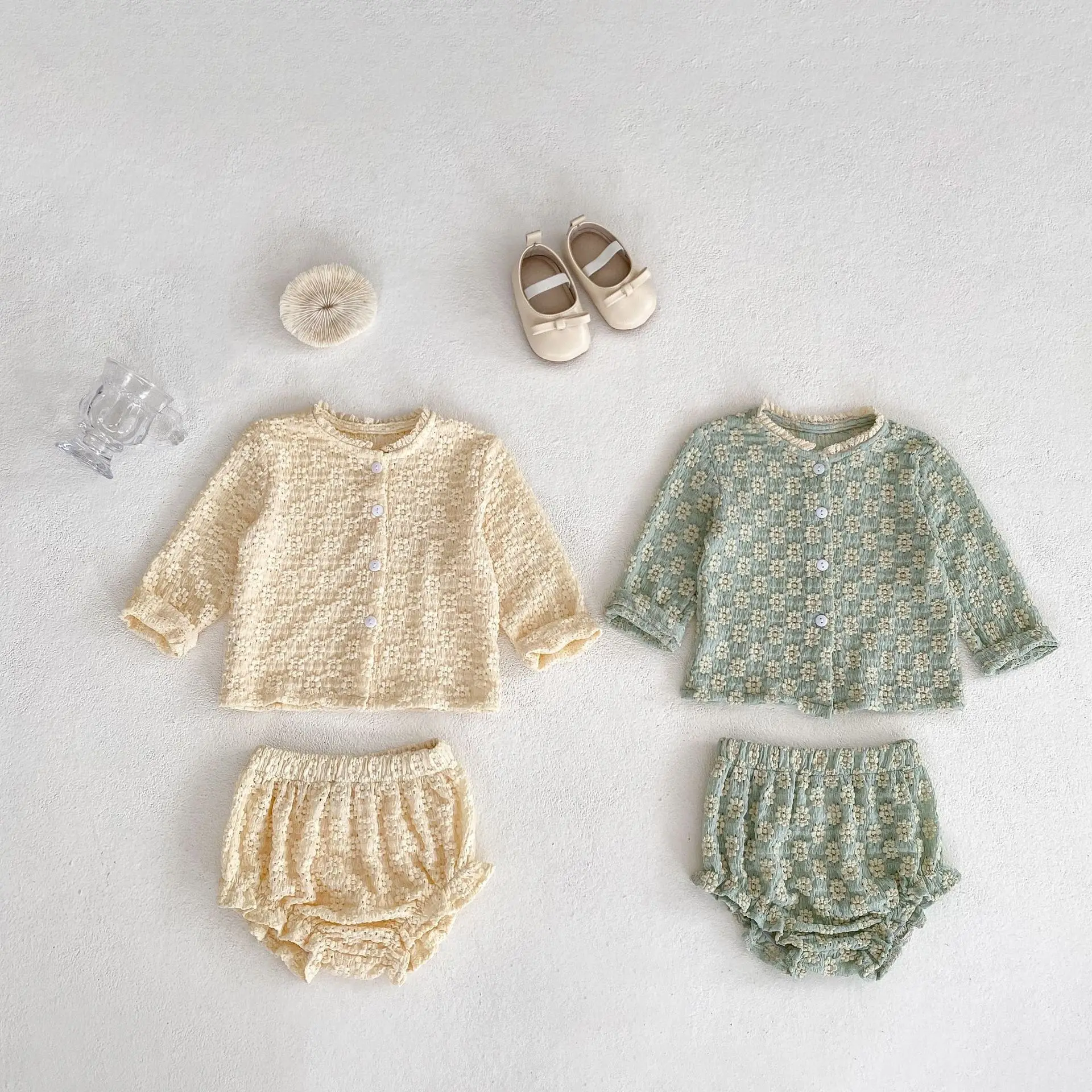 2024 Autumn Baby Girl Soft Set Flower Jacquard Knitted Long Sleeve Top + Pants