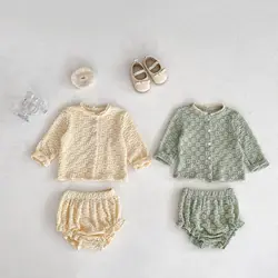 2024 Autumn Baby Girl Soft Set Flower Jacquard Knitted Long Sleeve Top + Pants