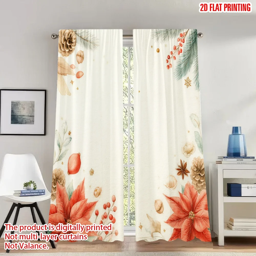 2 قطعة 2D الطباعة المسطحة عيد ميلاد سعيد الستائر عيد الميلاد البونسيتة ستار اليانسون كوز الصنوبر الرقمية المطبوعة البوليستر الستائر الطرف #1