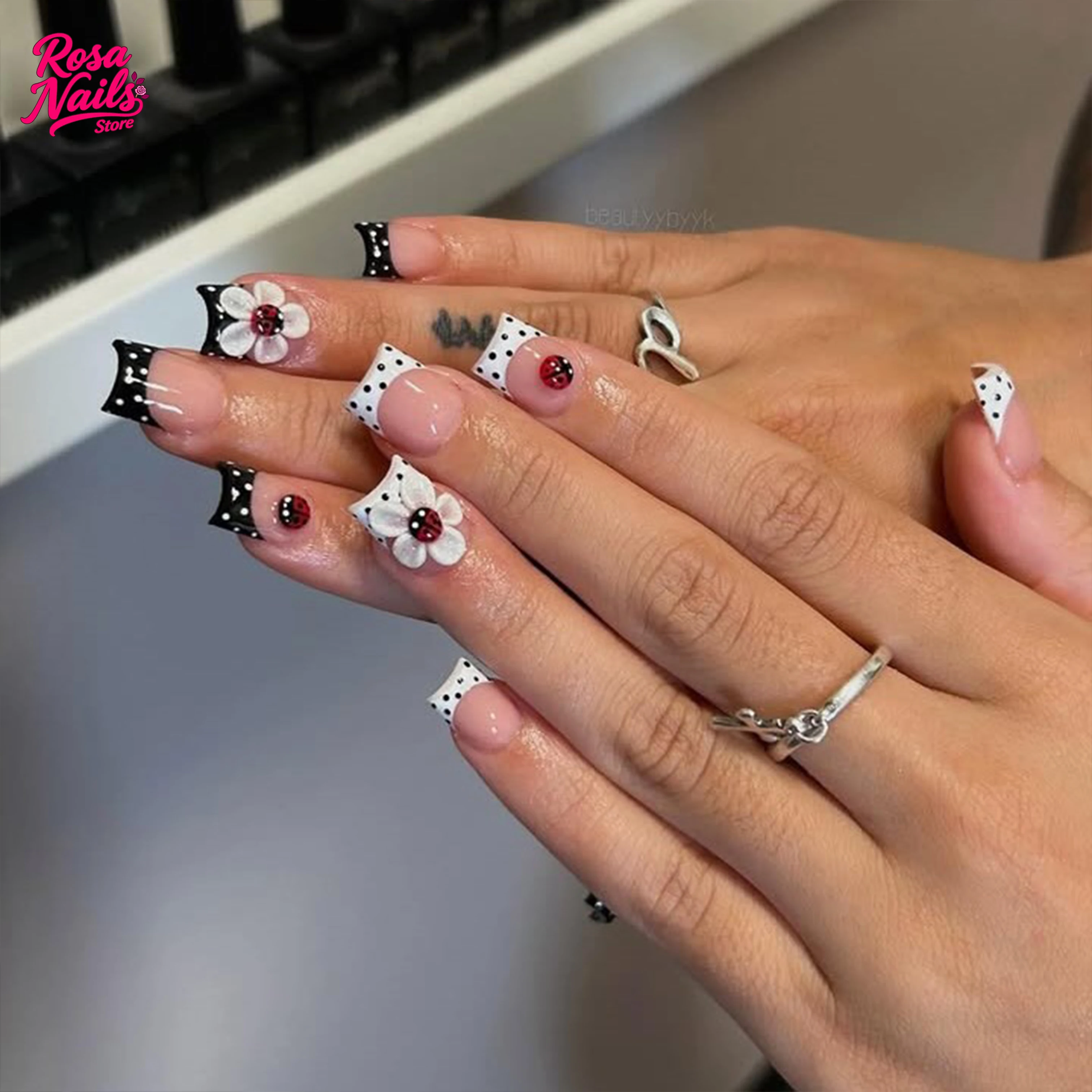 

Short Square Handmade Press on Nails Polka Dots with Lady Bug French Tips Nail White Polka Dot 3D Bugs Nail Art Press Ons Nails