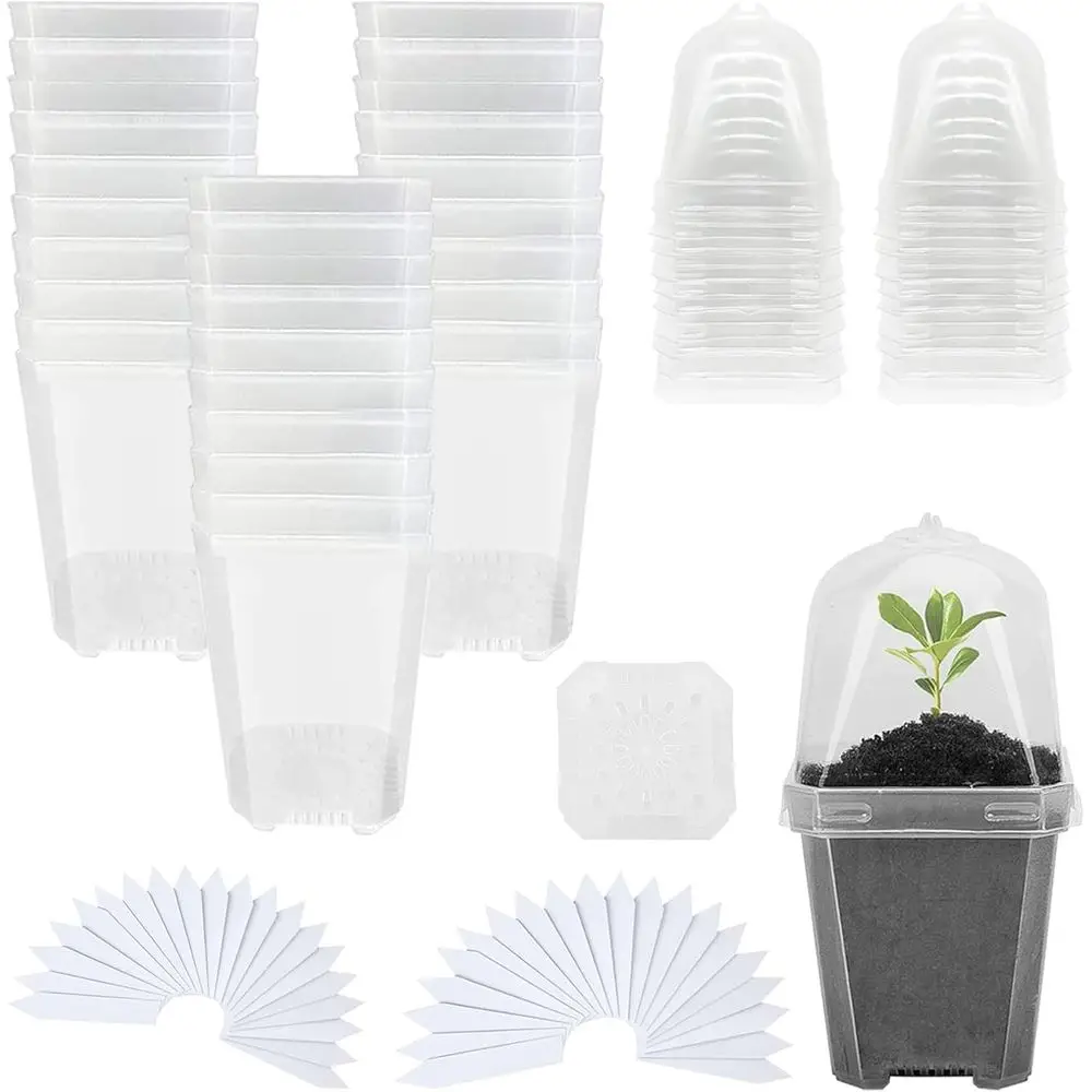 30-Set Plastic Nursery Pots with Domes, 3 Seed Starting Containers with Labels, Drain Holes for Plants, Seedlings, and Succulent