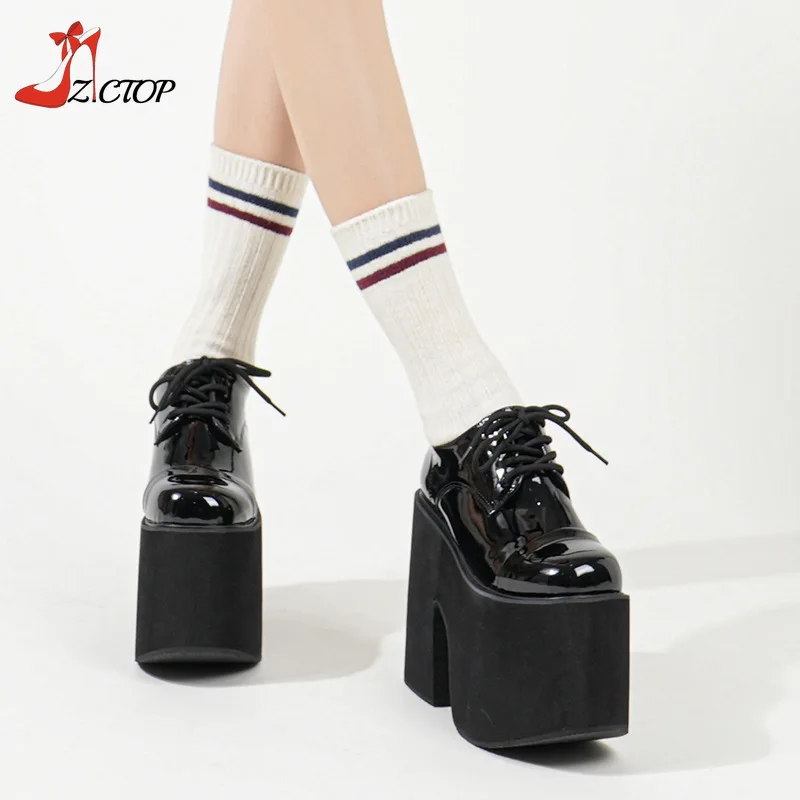 Super High Heels Chunky Platform Pumps Women Patent Leather Lace Up Gothic Punk Pink Mary Jane Lolita Cosplay Shoes Big Size 42