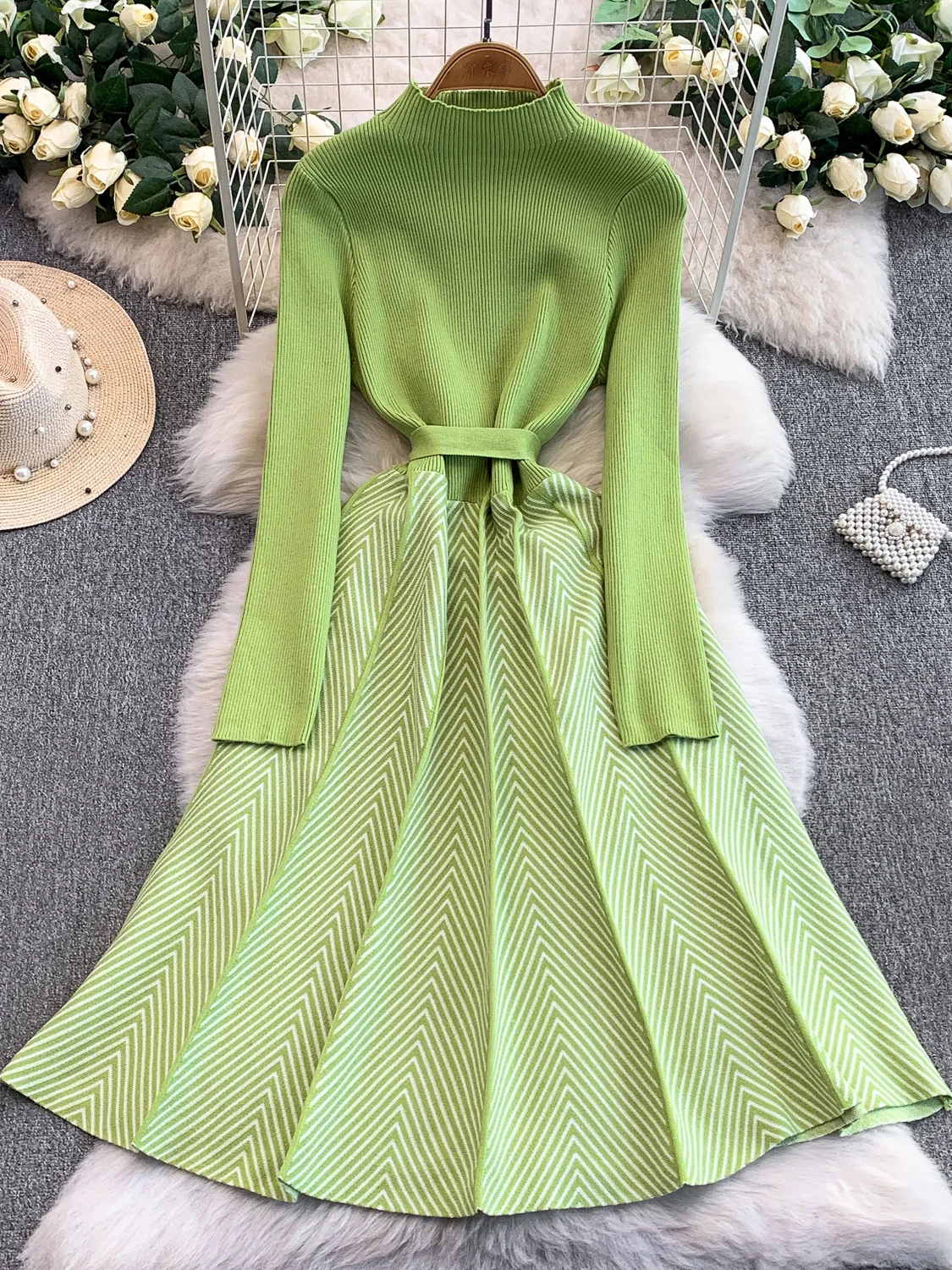 Ele tricoté longue Dr femmes automne hiver minceur rayure taille haute ceinturée Midi Dr Ci trajet a-ligne jupe