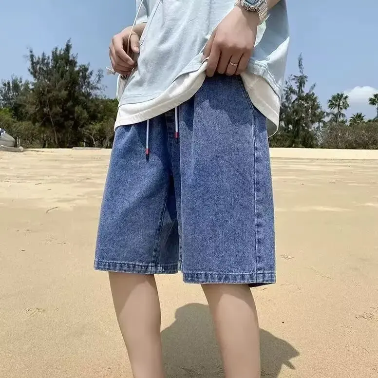 Summer Thin Retro American High Street Elastic Waist Short Jeans Men's Casual Style Gradient Washed Vintage Five-Quarter Pants