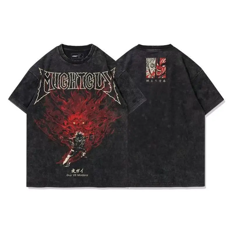 Camiseta con estampado Retro de Naruto Night Kai, manga corta de algodón holgada usada lavada de Anime japonés para hombre