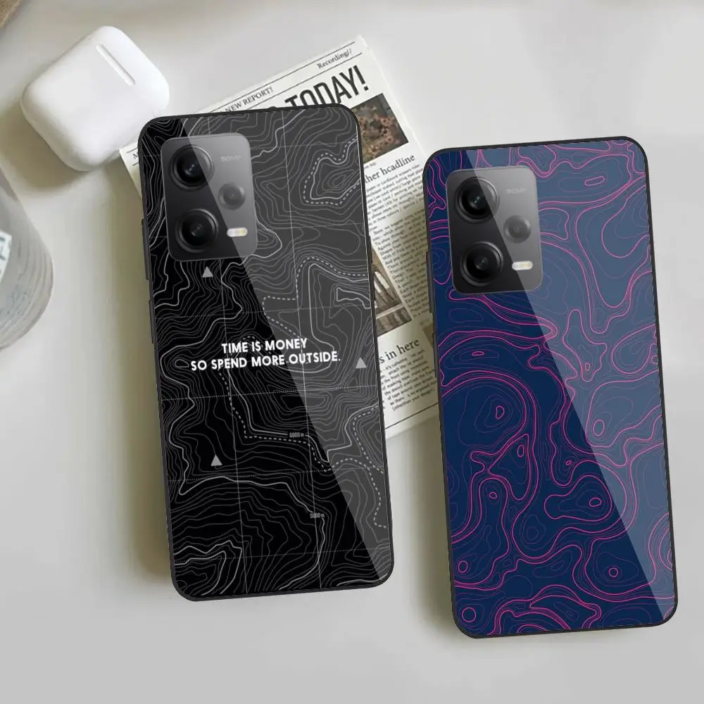 Geographic Contours Phone Case For Redmi Note 13 Pro Plus 12 11 A3X A1 A2 13C 12C Black Glass Cases