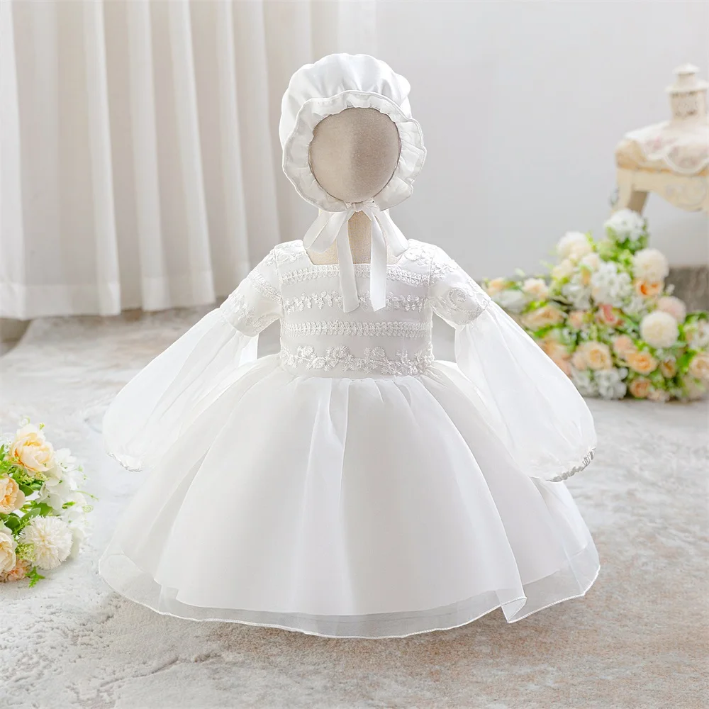 

White Long Sleeve Baby Girls 1st Birthday Baptism Party Dresses Elegant Toddler Wedding Princess Dress For Baby Girl Clothes