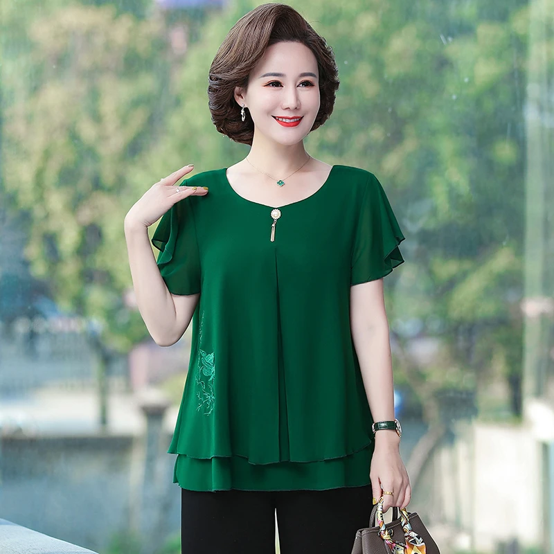 Summer short sleeve Tops Female O Neck Blouse Women Shirt Middle Aged Mother Loose Solid Chic Casual Blouses