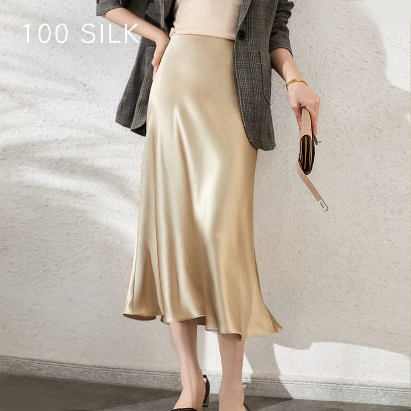 

Elegant 100% Mulberry Silk Midi Skirt Fashion High Waist Bodycon Office Skirt Casual A-Line Skirts with Ruffles & Elastic Waist