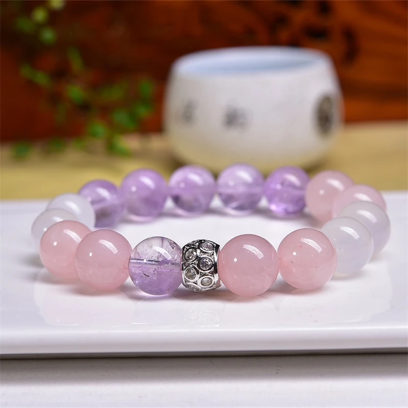 12MM Natural Lavender Amethyst Rose Quartz Bracelet Women Fashion Healing Crystal Round Beads Lovers Strand Jewelry Gift 1PCS