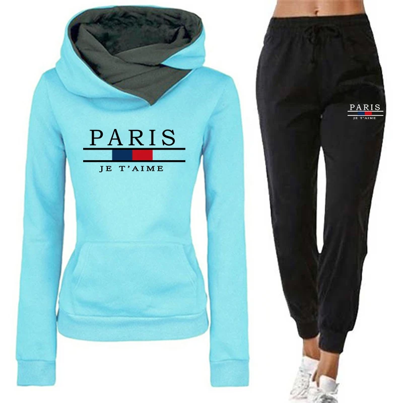 

Paris Printed Tracksuit for Women Hooded Sweatshirt Sweatpants Ladies Daily Casual Sport Jogger Suit Urban Fashion Hoodie Outfit