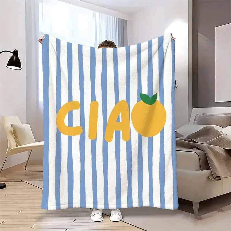 Blue White Vertical Stripe CIAO Orange Fruit Flannel Throw Blanket, Soft Blanket For Sofa, Cute Italian Summer Home Decor Gift