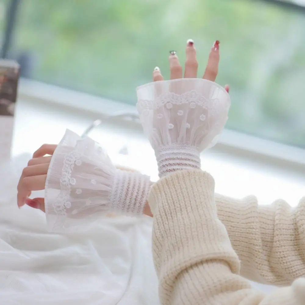 Manset Palsu Berlapis-lapis dengan Ruffle, Dapat Dilepas, Putih, Manset Palsu untuk Lengan