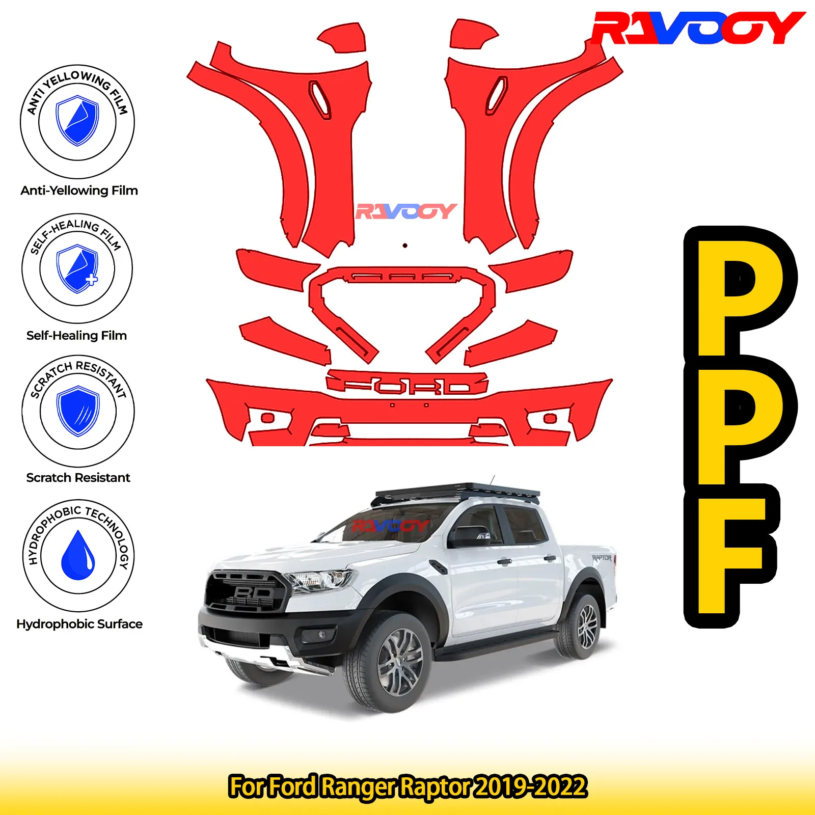 Para Ford Ranger Raptor 2019-2022 Kit PPF frontal precortado negro mate brillante película protectora de pintura