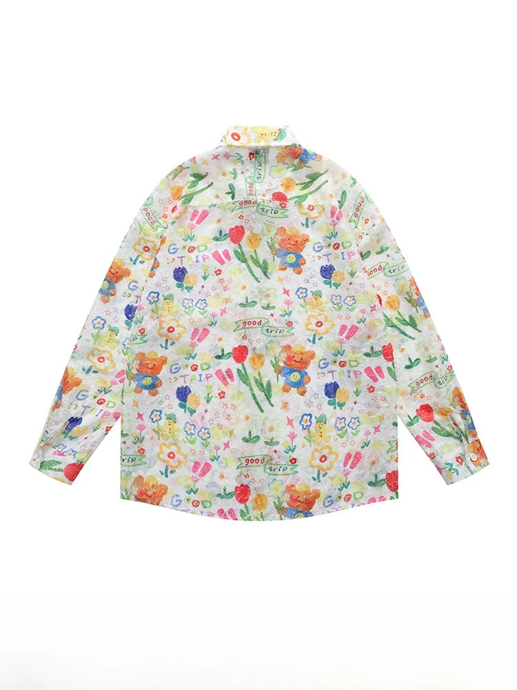 Cute Bear Flower Print Long Sleeve Men's Shirt Spring Season Casual Style Polyester Fiber Durable No Iron Treatment Loose Fit