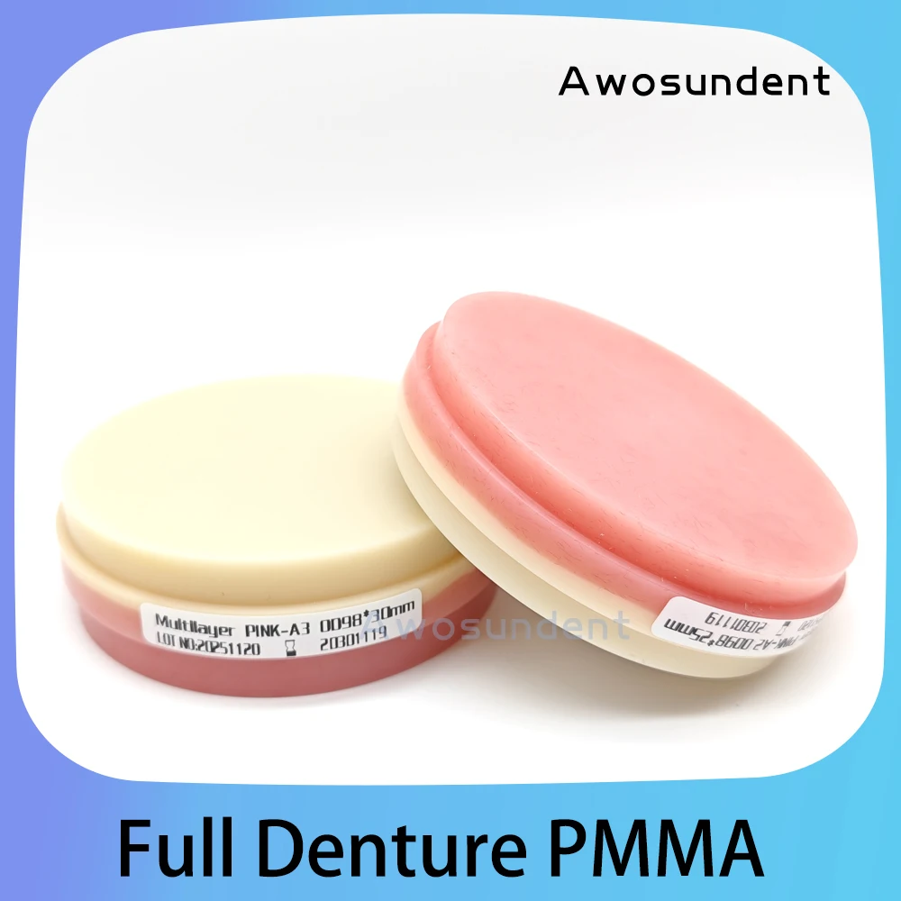 

Многослойный полный протез из ПММА = двухслойный полимерный диск Блоки из ПММА Розовый A1 A2 A3 Цвета CADCAM Пустой