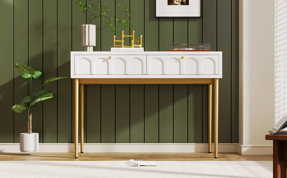 Schminktisch mit 2 Schubladen, Höhe 76,5 cm, Maße 76,5/H, 100/B, 45/T cm, cremeweiße Ausführung. – Detail 16