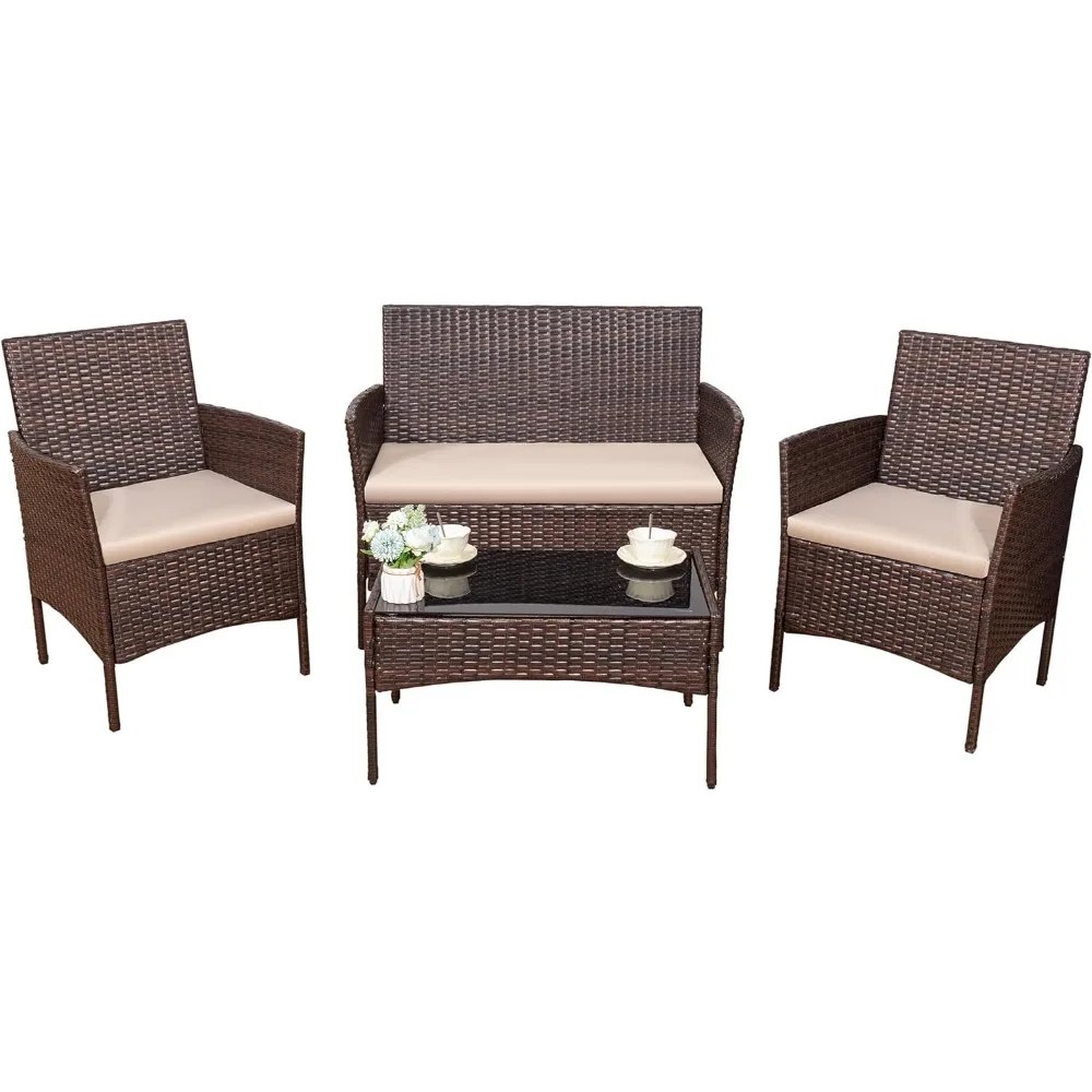 

4 Pieces Outdoor Patio Furniture Set, PE Rattan Wicker Chairs Balcony Lawn Porch Patio Furniture Sets with Beige Cushion