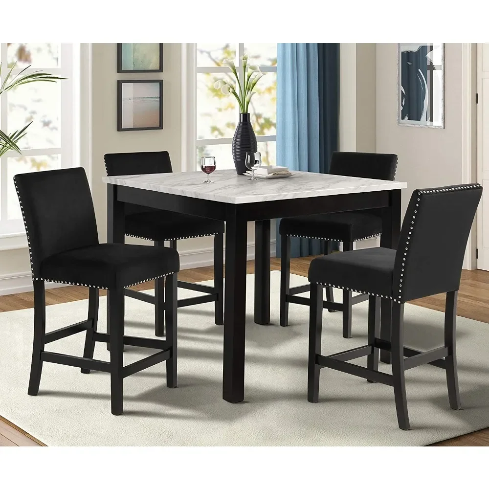 Table Set Celeste Faux Marble Counter Dining Table with Four Chairs, 5 Piece Dining Room Set