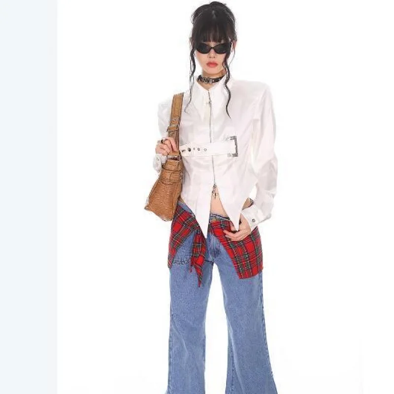 

Metal Buckle Belt Slim Fit Shirts Women 2025 Early Autumnn New Black Blouses Y2k Grunge Long Sleeve Zipper Blusas Mujer