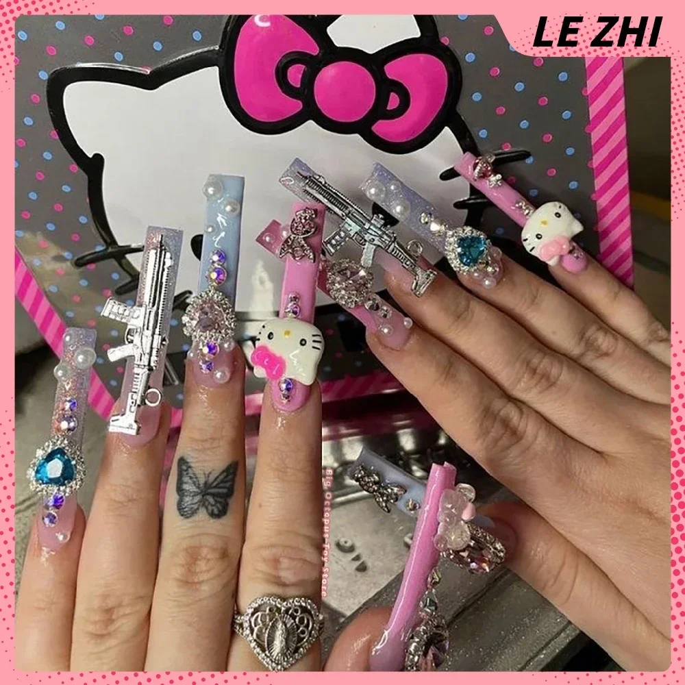 High-End Customizable Xxl Long Square Coffin Fake Nail Art Hello Kitty Mymelody Y2K Spice Girl Diamond Handmade Party Sticker