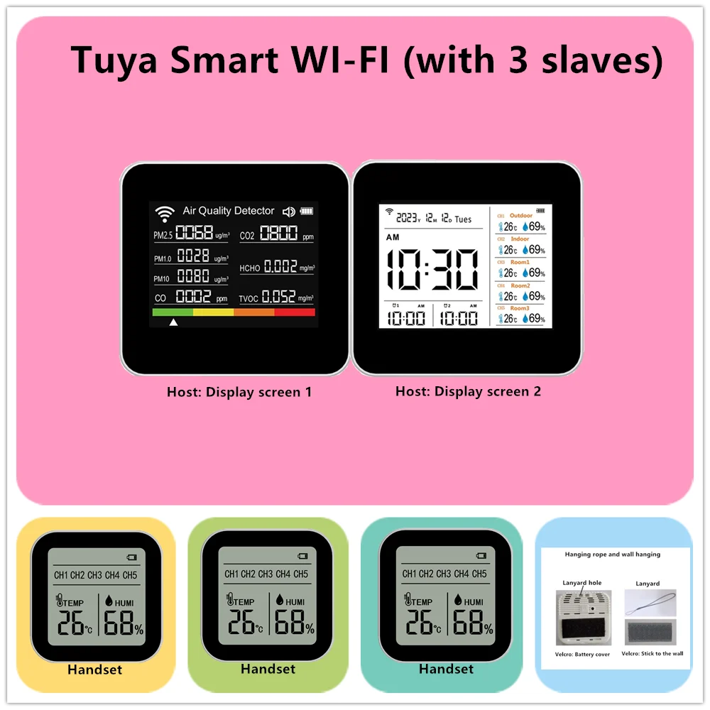 2C018, 20 in 1 Tuya WIFI Air Detection CO2, CO, PM2.5 Formaldehyde TVOC Wireless Temperature and Humidity (with 3 Slave Units)