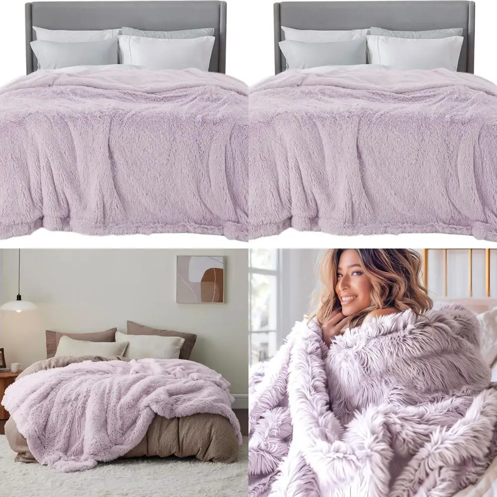 

Fluffy Lavender Purple King Blanket, Thick Sherpa Faux Fur Fleece, Plush Winter Warm Bedding, 108x90
