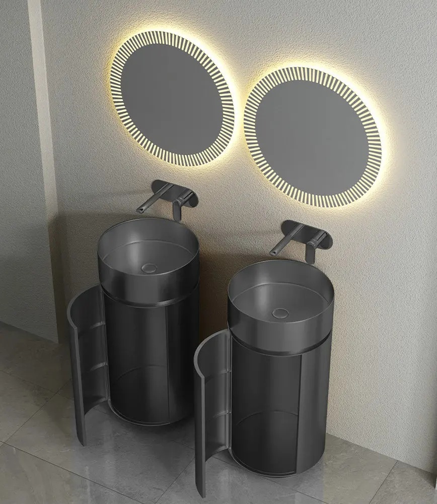Stainless steel column basin with storage room, hotel bathroom integrated floor standing washbasin