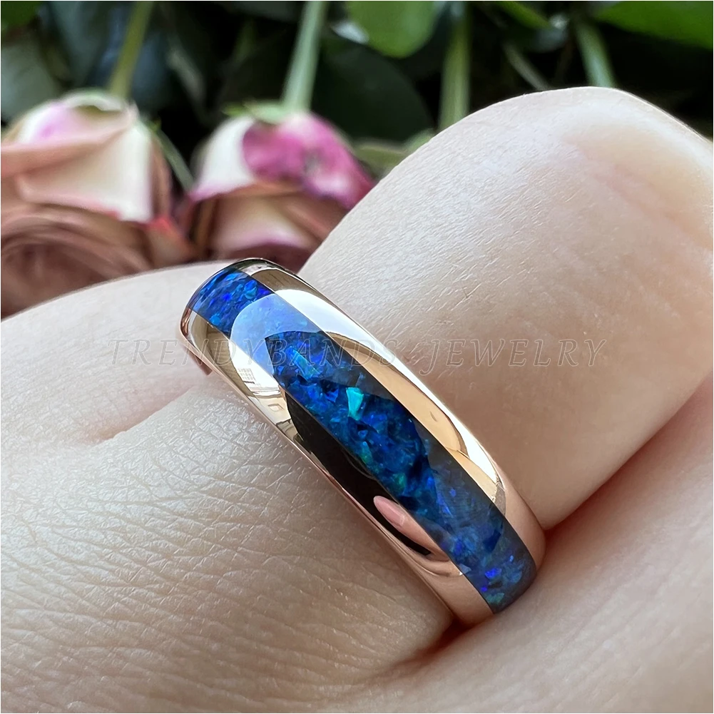 6 mm 8 mm Ringe für Männer und Frauen, Wolfram-Ehering, Modeschmuck, blaue Opal-Inlay, gewölbt, poliert, glänzend, bequeme Passform – Detail 20